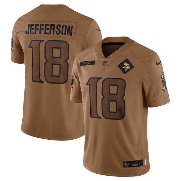 Men's Minnesota Vikings #18 Justin Jefferson 2023 Brown Salute To Service Limited Football Stitched Jersey Dyin
